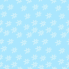 Christmas vector seamless pattern with white stars.Holiday print blue on  isolated background in doodle hand drawn style.Design for wrapping paper,textiles,packaging,social media.