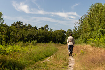 Lone elderly hiker medium wide shot in open forest land