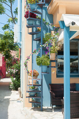 Greek stairs, flowers and colors, blue, serene scene