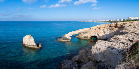 Lovers bridge at Ayia Napa, natural arched rock formation panorama
