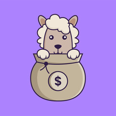 Cute sheep playing in money bag.