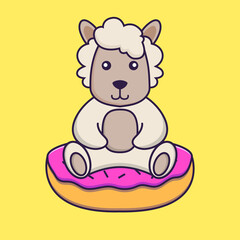 Cute sheep is sitting on donuts.