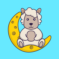 Cute sheep is sitting on the moon.
