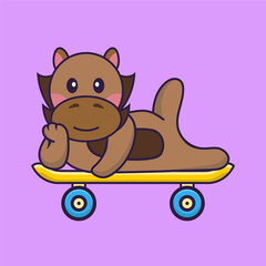 Cute horse lying on a skateboard.