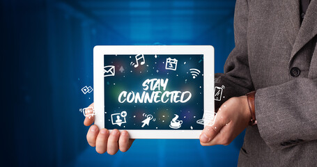 Person holding tablet, social network concept
