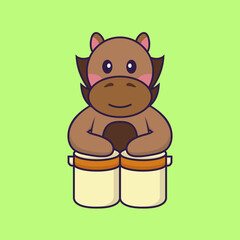 Cute horse is playing drums.