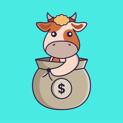 Cute cow in a money bag.