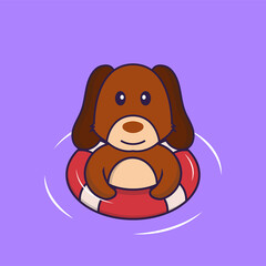 Cute dog is Swimming with a buoy.