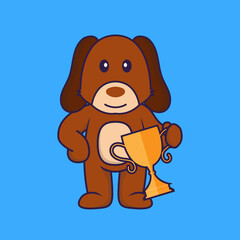 Cute dog holding gold trophy.