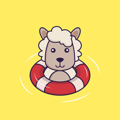 Cute sheep is Swimming with a buoy.