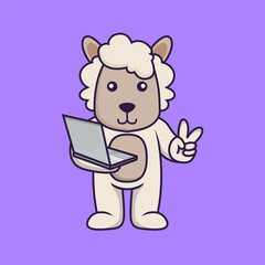 Cute sheep holding laptop.