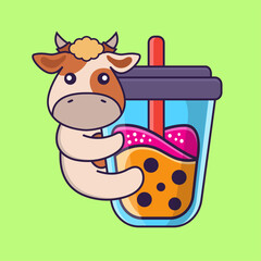 Cute cow Drinking Boba milk tea.