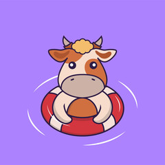Cute cow is Swimming with a buoy.