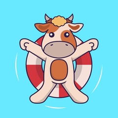 Cute cow is Swimming with a buoy.
