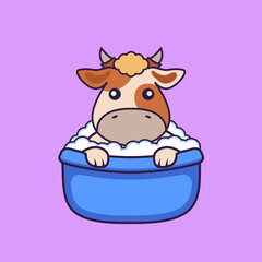 Cute cow taking a bath in the bathtub.