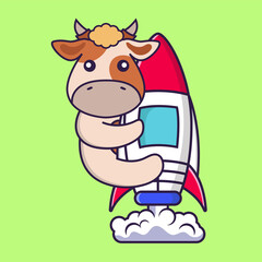 Cute cow flying on rocket.