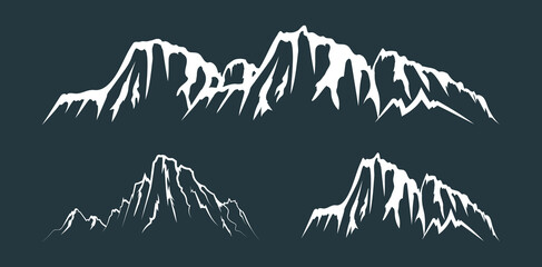 Vector isolated illustration with set of everest mountain silhouettes. Rocky and snowy peak landscapes.