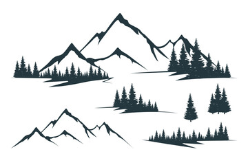 Vector isolated illustration with rocky mountain peak silhouette, fir trees and tree valley. Mountain with forest. Landscape and scenery. - obrazy, fototapety, plakaty