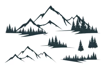 Foto op Canvas Vector isolated illustration with rocky mountain peak silhouette, fir trees and tree valley. Mountain with forest. Landscape and scenery. © Kirill