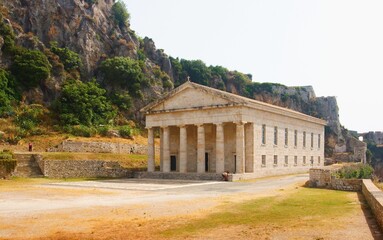 Fototapeta na wymiar Corfu. Greece. June 18. 2021. Old fortress and church of St. George on the island of Corfu.