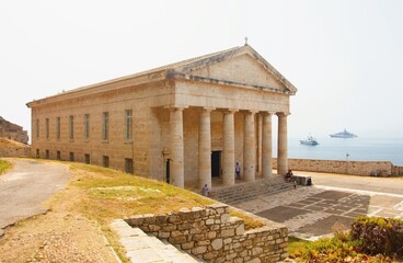 Obraz premium Corfu. Greece. June 18. 2021. Old fortress and church of St. George on the island of Corfu.