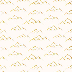 Seamless pattern with golden everest mountains. Gold wanderlust background for textile. Vector isolated landscape texture.
