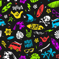 Summer time Surfing colorful seamless pattern template on black background.  Surfing tropical cartoon doodle elements pattern for print fabric design. Endless vector background