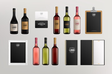 Realistic glass wine bottle set with blank mockup label menu card vector template. Red white pink wine set with black bottle