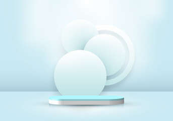 3D realistic abstract minimal scene empty podium studio room with circle backdrop and lighting soft blue background