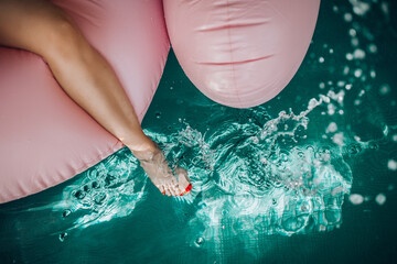 summer pool with pink flamingo - obrazy, fototapety, plakaty