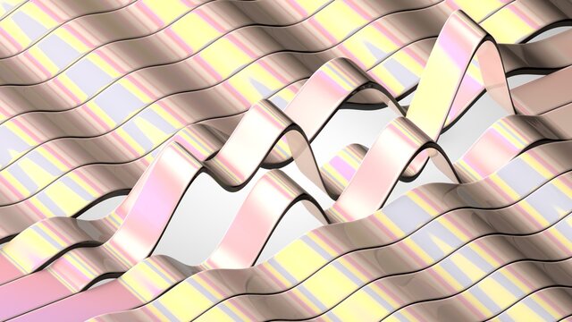 Modelo 3d abstracto de ondas met&aacute;licas con degradado. Render tridimensional para presentaci&oacute;n. Patr&oacute;n realista.