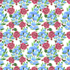Summer bright pattern with cracked blueberry bushes and red roses. Hand drawn watercolor illustration isolated on white background. Nice illustration for wrapping paper or textiles
