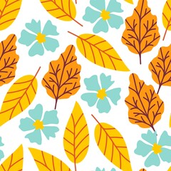 Obraz premium Simple bright floral vector seamless pattern. Yellow, orange autumn leaves, blue flowers on a white background. For printing on fabrics, textiles, stationery. Seasonal design. 