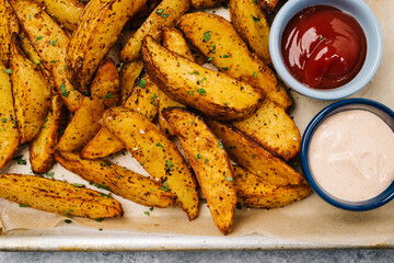 Overhead photo of potato wedges with ketchup and fry sauce