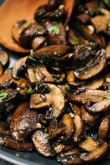 Closeup photo of sautéed cremini mushrooms