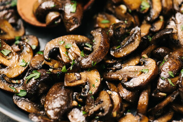 Closeup photo of sautéed Cremini mushrooms