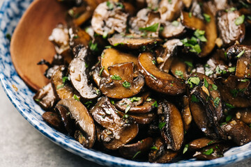 Closeup of mouth watering sautéed cremini mushrooms