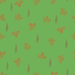 Handmade seamless pattern with delicate leaves on a green bright background. Vector grunge leaf print. Printing on fabric, wallpaper, packaging, stylization under a stamp or an imprint 