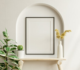 Interior poster mockup with vertical black frame in home interior background.