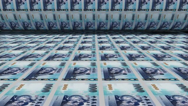 Inflation. New Taiwan dollar banknotes or bills, TWD currency cash. Stack of money printing machine. Government paper process in central bank.Economic, finance. Laundering.Exchange. 3d illustration