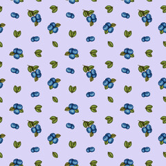 Watercolor Bilberry, Blueberry seamless pattern. Blue forest berries branch and green leaves on purple. Hand drawn botanical background for vintage floral print, fabric, textile, package, scrapbooking
