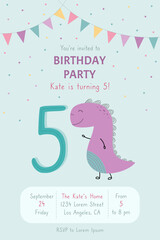 A birthday invitation. A hand drawn cute dinosaur with the number five. A children's poster decorated with flags. Vector illustration.