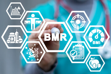 Medical concept of BMR Basal Metabolic Rate. Human Overweight Metabolism BMI Control. - obrazy, fototapety, plakaty