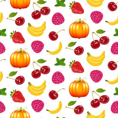 Cute colorful seamless pattern with fruits and vegetables on a white background. Pumpkin, banana, strawberry, raspberry, cherry seamless pattern for fabric, wrapper or wallpaper design.