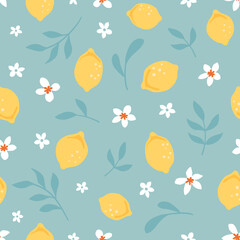 Yellow lemon citrus blossom and leaves on a light blue background. Seamless surface repeat vector pattern.