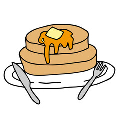 シロップをかけたパンケーキのイラスト（カトラリーあり）