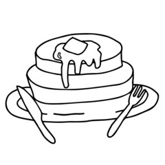 シロップをかけたパンケーキの線画イラスト（カトラリーあり）