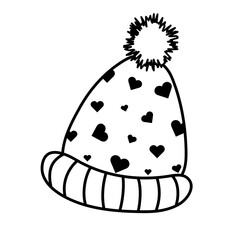Cozy knitted hat with pompon in doodle style. 