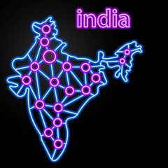 India map neon, isolated vector illustration.