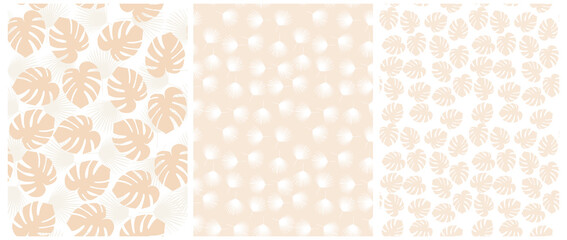 Floral Seamless Vector Patterns. Simple Hand Drawn Tropical Leaves Flowers Isolated on a Light Beige and White Background. Abstract Tropical Garden Print ideal for Fabric, Textile.